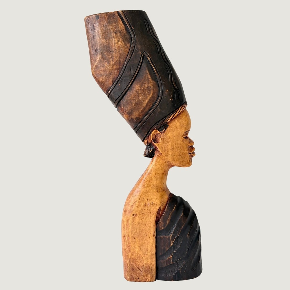 Vintage African Hand Carved Wood Wall Plaque Woman Profile Bust Relief 21 Inch